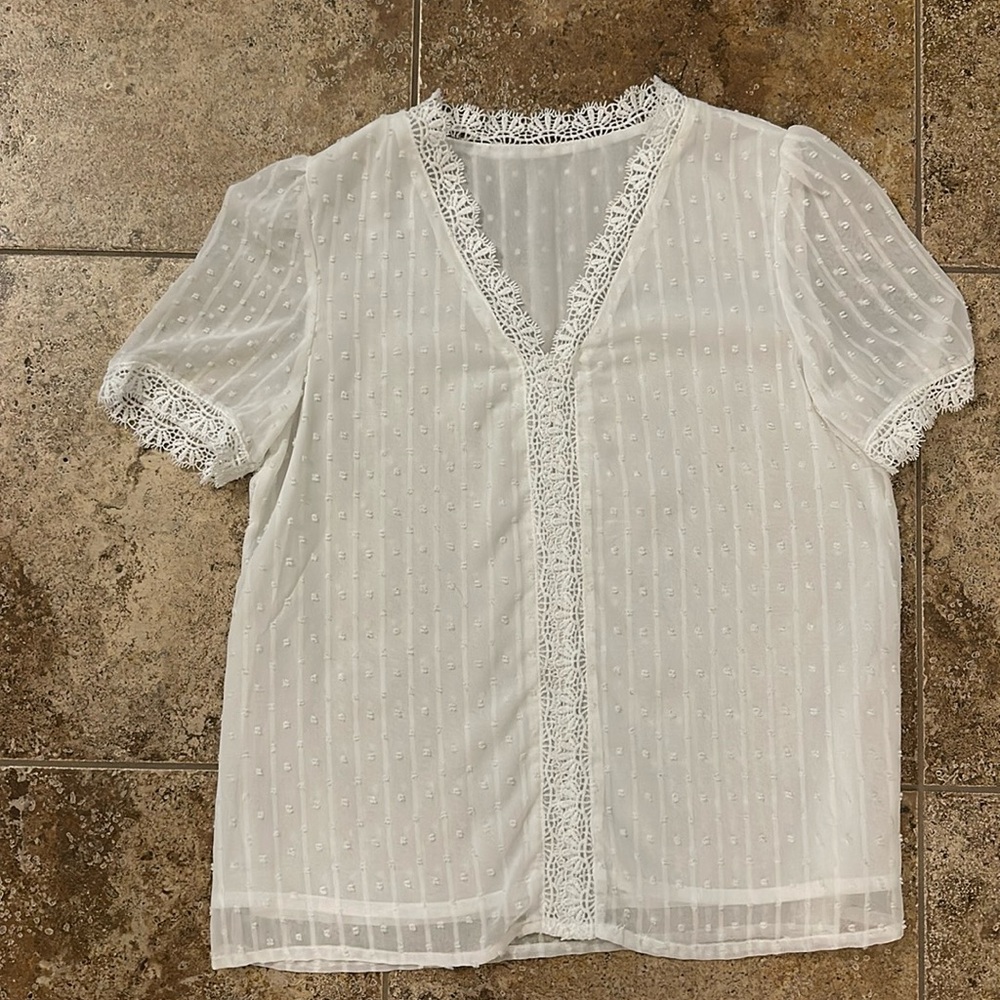 Lacey soft white short sleeve pullover blouse